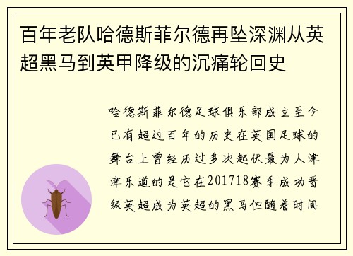 百年老队哈德斯菲尔德再坠深渊从英超黑马到英甲降级的沉痛轮回史